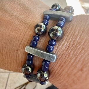 Hand Crafted Double Strand Hematite, Metal & Blue Glass Beaded Men's Bracelet